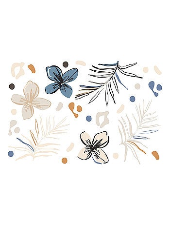 Stickers fleurs bleues et fougère - 1 planche 42,5 x 65 cm