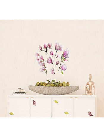 Stickers Fleurs Magnolia avec des Feuilles Vertes - 1 planche 42,5 x 65 cm