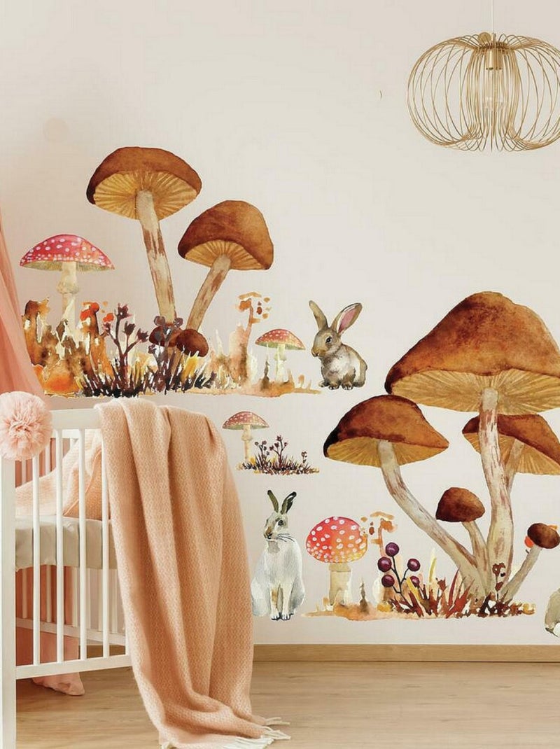 Stickers Muraux Champignons Géants et lapins 147x85 cm Marron - Kiabi