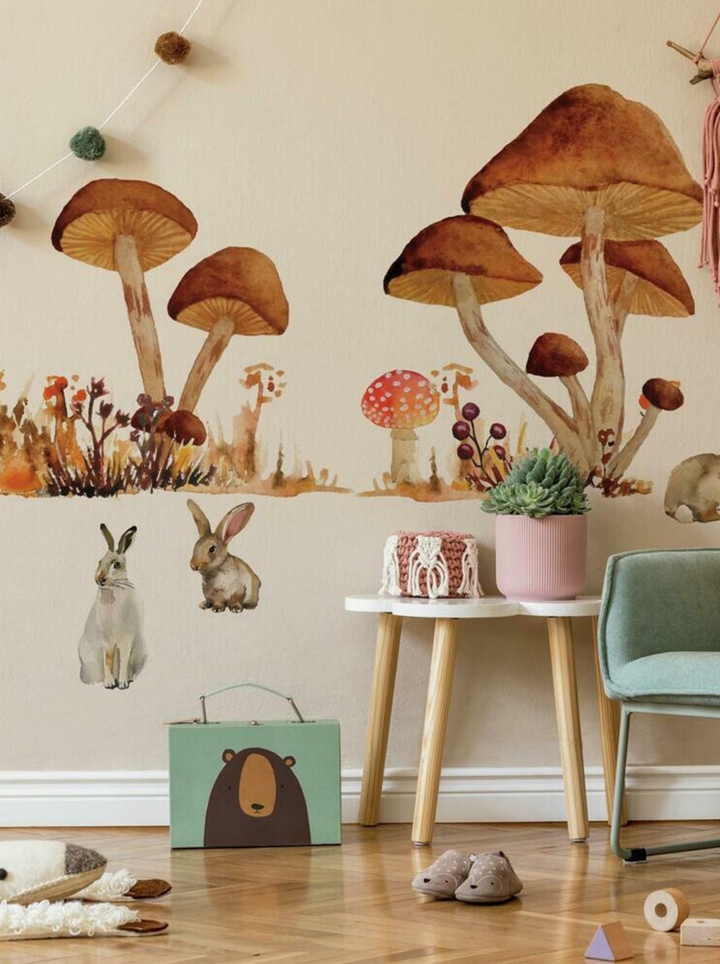 Stickers Muraux Champignons Géants et lapins 147x85 cm Marron - Kiabi
