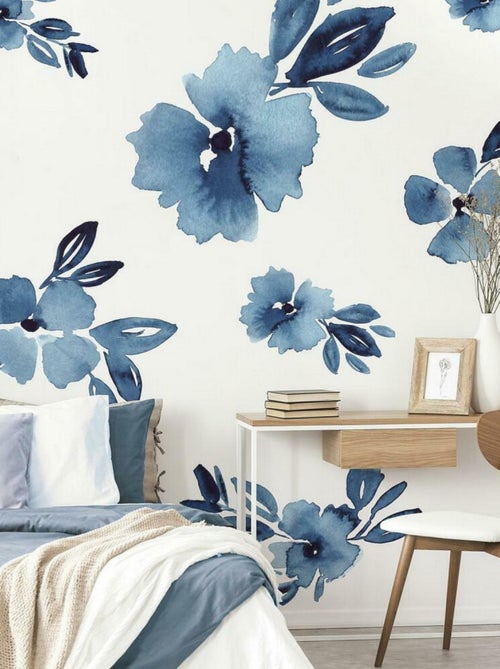 Stickers muraux géant fleurs bleues - Kiabi