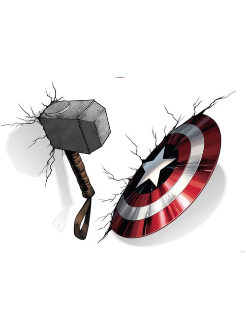 Stickers Muraux Marvel - la Mjollnir de Thor qui enfonce le mur avec le bouclier du captain america - Kiabi