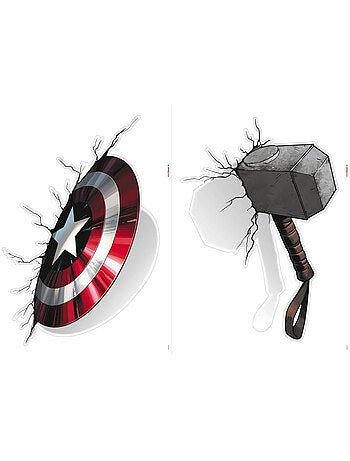 Stickers Muraux Marvel - la Mjollnir de Thor qui enfonce le mur avec le bouclier du captain america