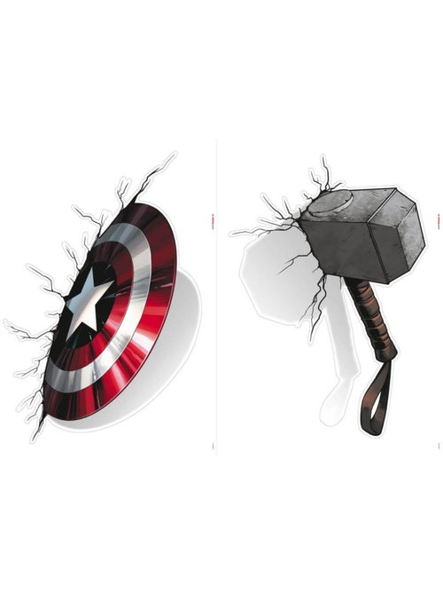 Stickers Muraux Marvel - la Mjollnir de Thor qui enfonce le mur avec le bouclier du captain america - Kiabi