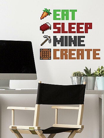 Stickers muraux repositionnables Minecraft -Manger, Dormir, Miner, Créer-