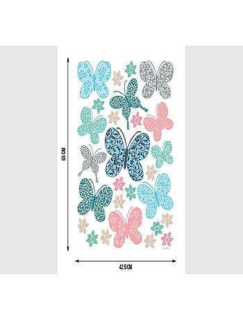 Stickers papillons multicolores arabesques et fleurs - 1 planche 42,5 x 65 cm
