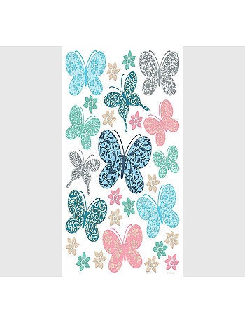 Stickers papillons multicolores arabesques et fleurs - 1 planche 42,5 x 65 cm