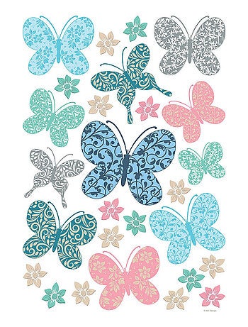 Stickers papillons multicolores arabesques et fleurs - 1 planche 42,5 x 65 cm