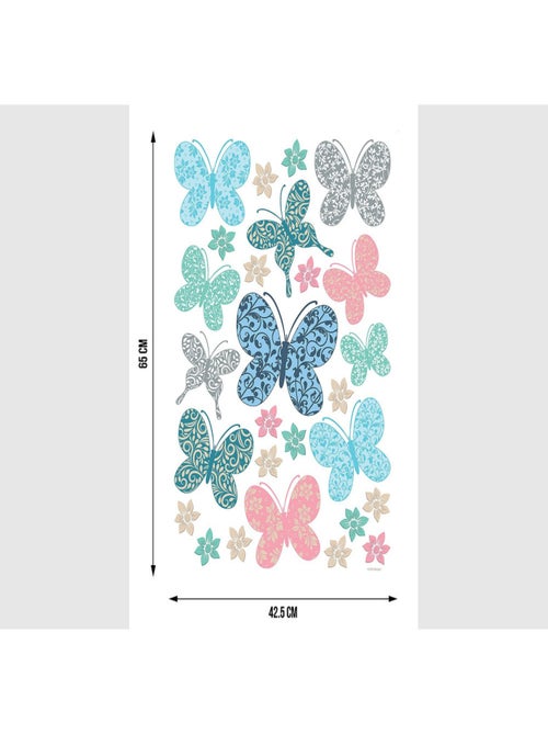 Stickers papillons multicolores arabesques et fleurs - 1 planche 42,5 x 65 cm - Kiabi