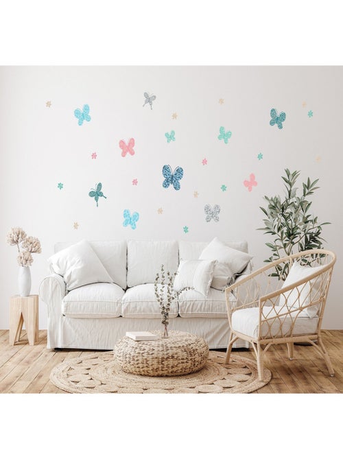 Stickers papillons multicolores arabesques et fleurs - 1 planche 42,5 x 65 cm - Kiabi