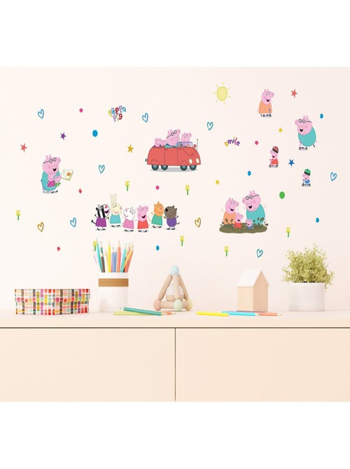 Stickers Peppa Pig et sa famille dans la voiture - 1 planche 30 x 30 cm - Kiabi