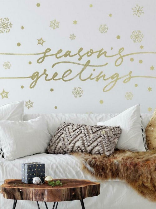Stickers repositionnables « seasons greating et flocons de neige » couleur doré - Kiabi