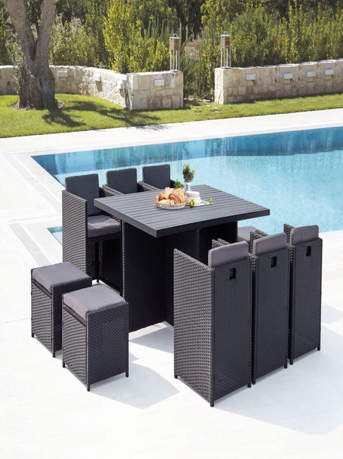 SUNSET Table et chaise 10 places encastrables alu résine noir-gris - Kiabi