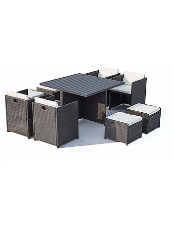 SUNSET Table et chaise 8 places encastrables alu résine marron-blanc