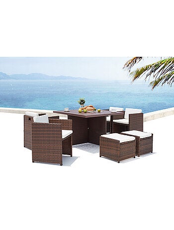 SUNSET Table et chaise 8 places encastrables alu résine marron-blanc