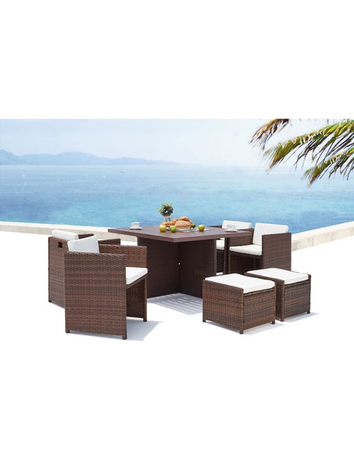 SUNSET Table et chaise 8 places encastrables alu résine marron-blanc - Kiabi
