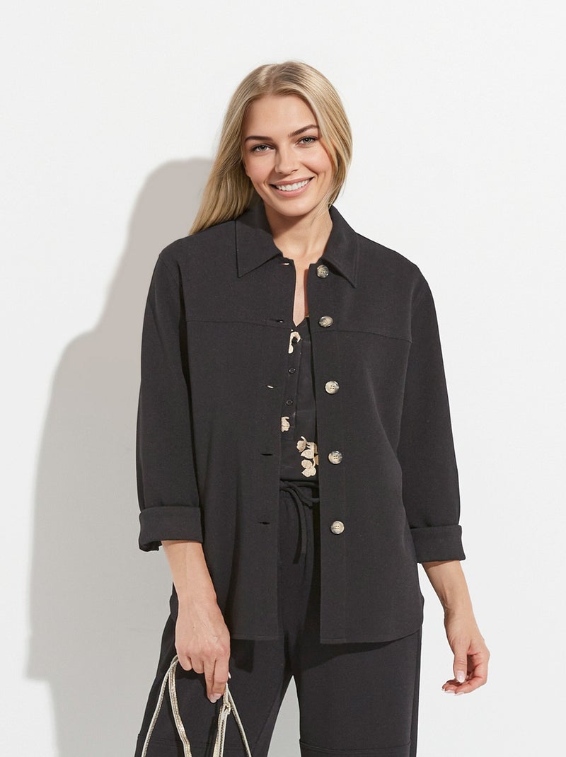 Surchemise boutonnée maille crêpe unie Noir - Kiabi