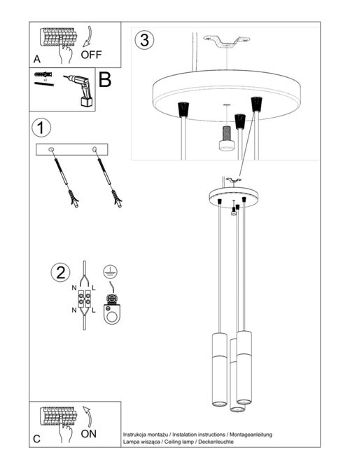 Suspension Acier Blanc/Bois Naturel GU10 3 Pablo - Kiabi