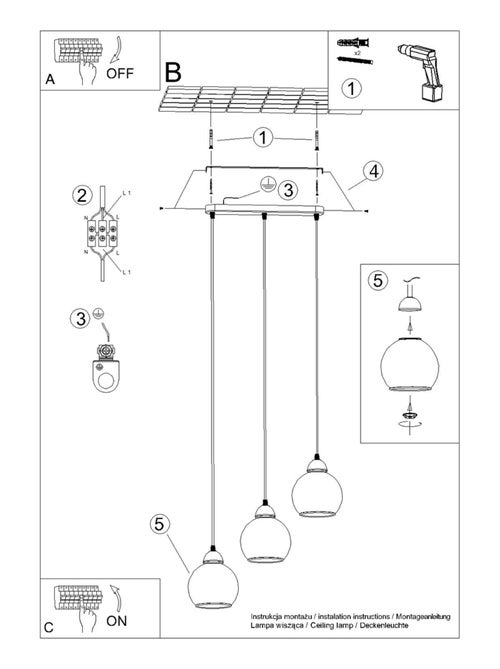 Suspension Acier Noir E27 3 Alino - Kiabi