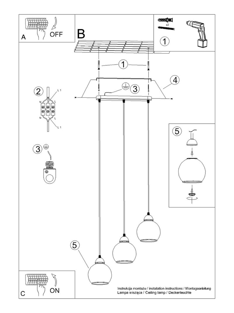 Suspension Acier Noir E27 3 Alino Noir - Kiabi
