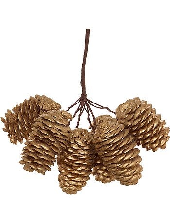 Suspension de sapin branche longue pomme de pin dorée 13 cm