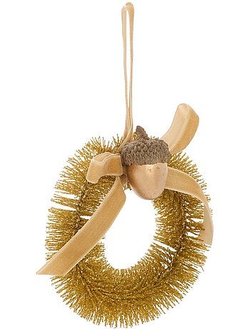 Suspension de sapin couronne de glands en plastique rouge et or d. 10 cm