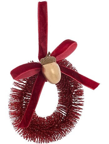Suspension de sapin couronne de glands en plastique rouge et or d. 10 cm