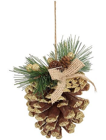 Suspension de sapin pomme de pin et nœud pailleté doré 13 cm
