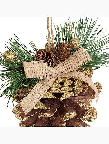 Suspension de sapin pomme de pin et nœud pailleté doré 13 cm
