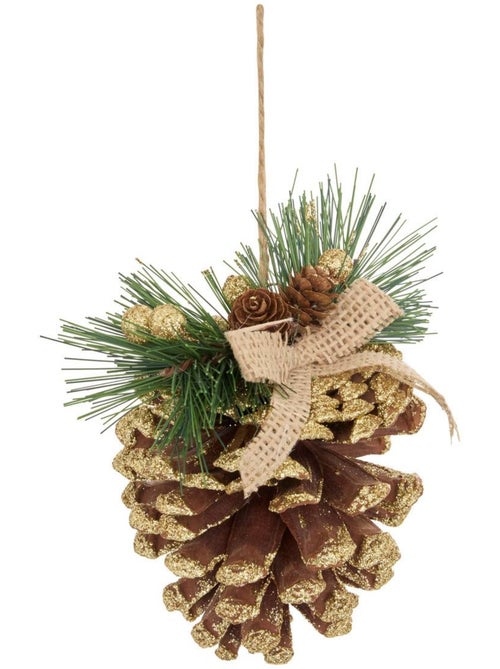 Suspension de sapin pomme de pin et nœud pailleté doré 13 cm - Kiabi