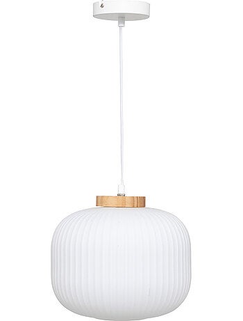 Suspension en verre strié rondelle en bois TRAVIS
