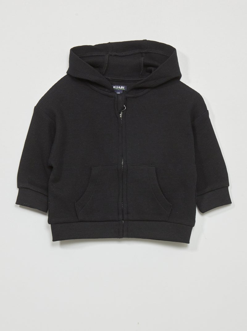 Sweat à capuche en maille gaufrée noir - Kiabi