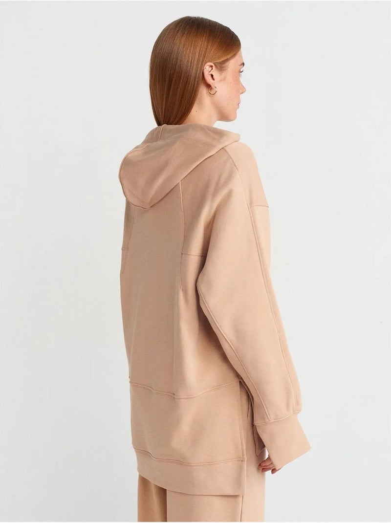 Sweat à capuche oversize en coton avec fente dilvin Beige argile - Kiabi