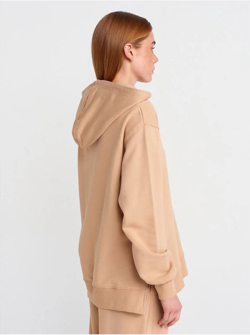 Sweat à capuche oversize en coton avec zip dilvin Beige argile - Kiabi