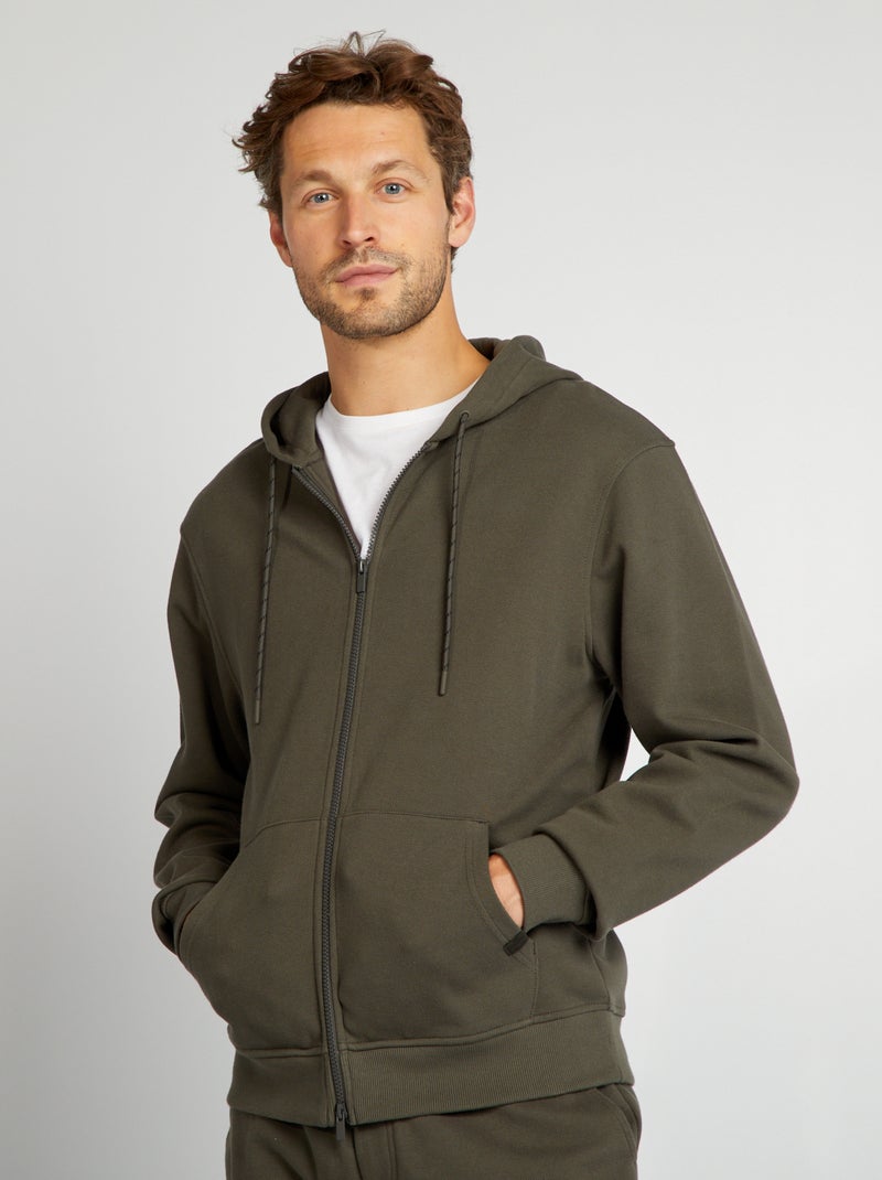 Sweat à capuche zippée en maille piquée Kaki - Kiabi