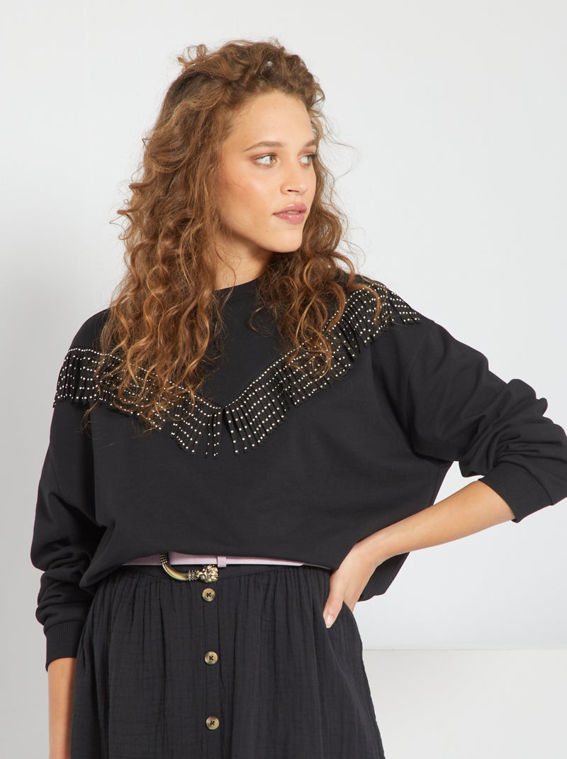 Sweat à franges strass noir - Kiabi