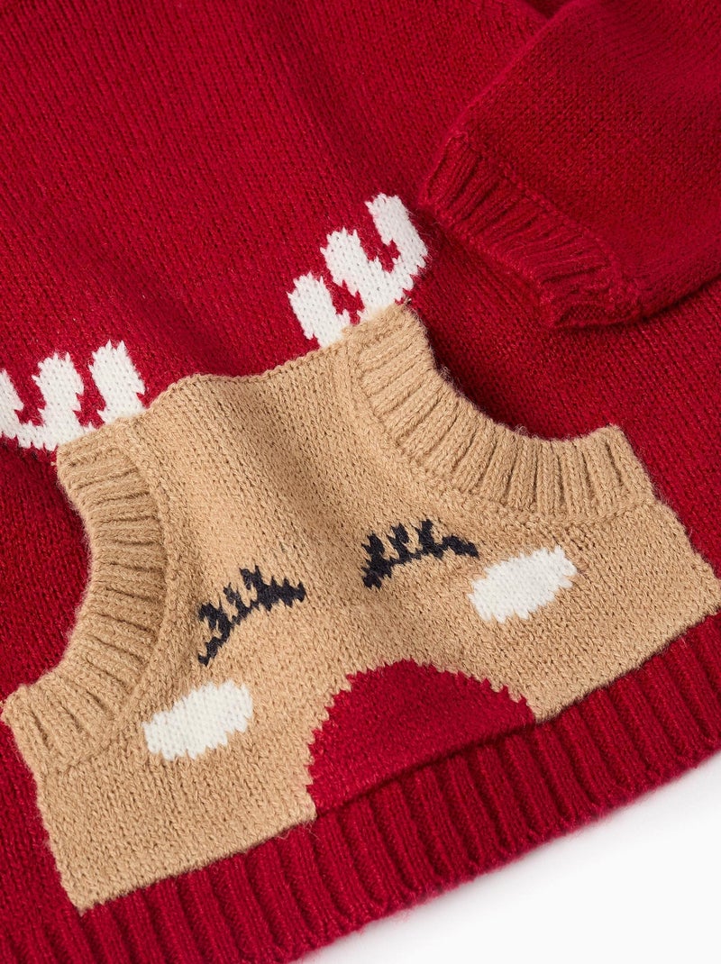 Sweat avec jacquard renne, poche kangourou NOËL Rouge - Kiabi