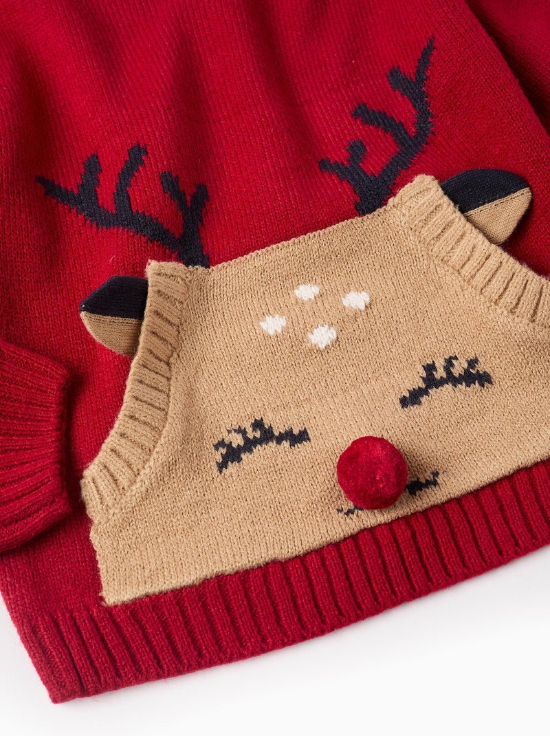 Sweat avec jacquard renne, poche kangourou, pompon et petites oreilles NOËL Rouge - Kiabi