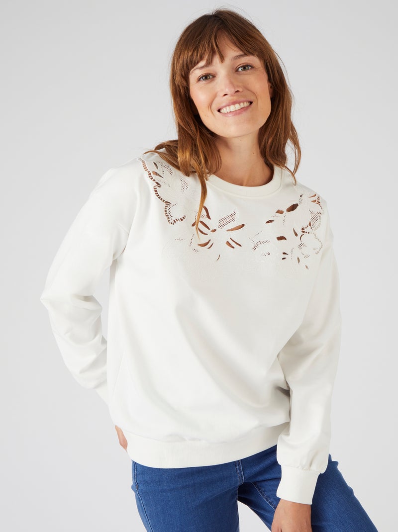 Sweat broderie et guipure - Happy D. by Damart Blanc cassé - Kiabi