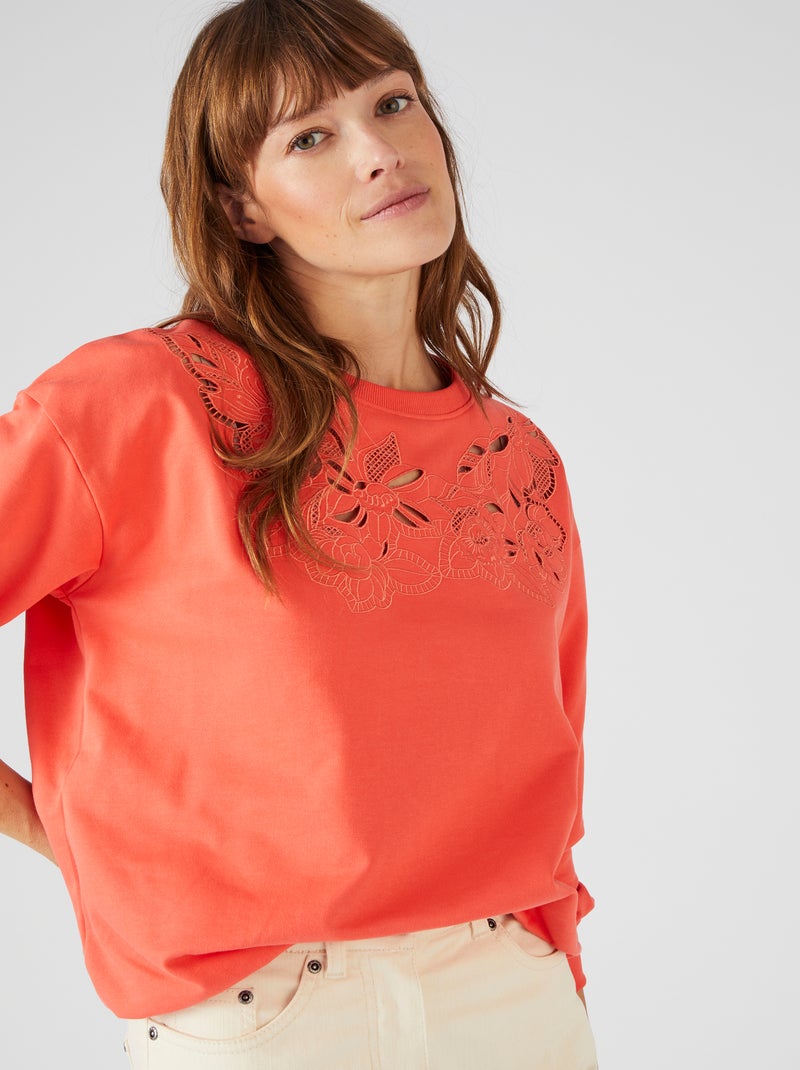 Sweat broderie et guipure - Happy D. by Damart Orange corail - Kiabi