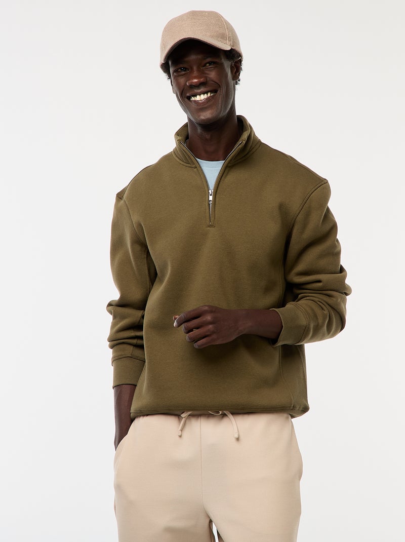 Sweat camionneur avec col montant zippé Kaki - Kiabi