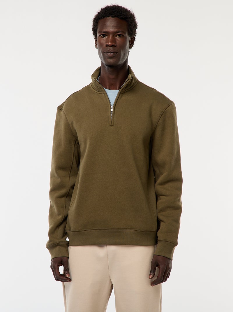 Sweat camionneur avec col montant zippé Kaki - Kiabi
