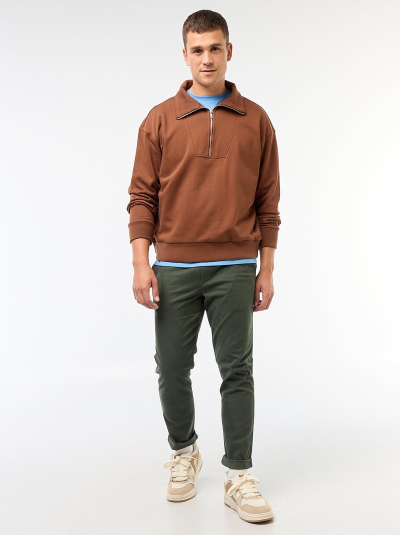 Sweat col camionneur zippé en coton Marron - Kiabi