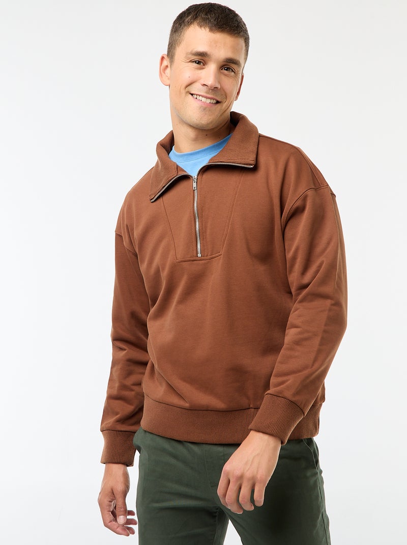 Sweat col camionneur zippé en coton Marron - Kiabi