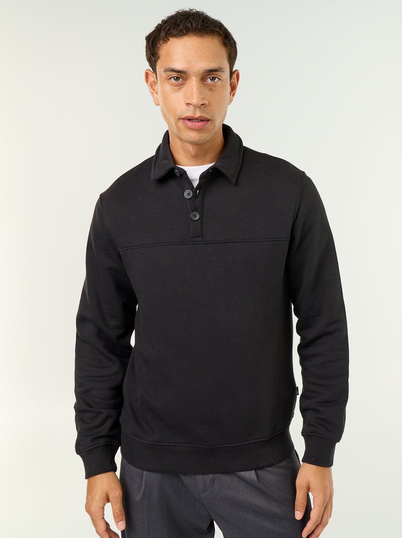 Sweat col polo en molleton Noir - Kiabi