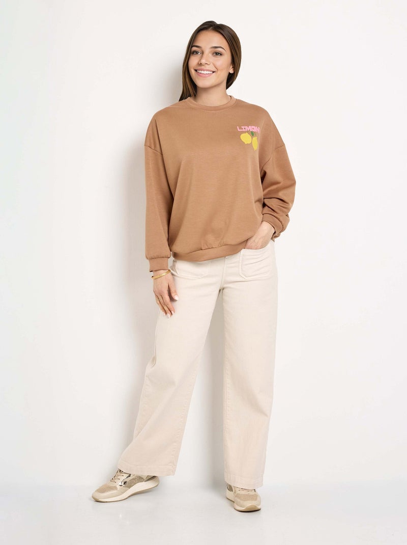 Sweat col rond motif Citrons maille douce - AFIBEL Camel - Kiabi
