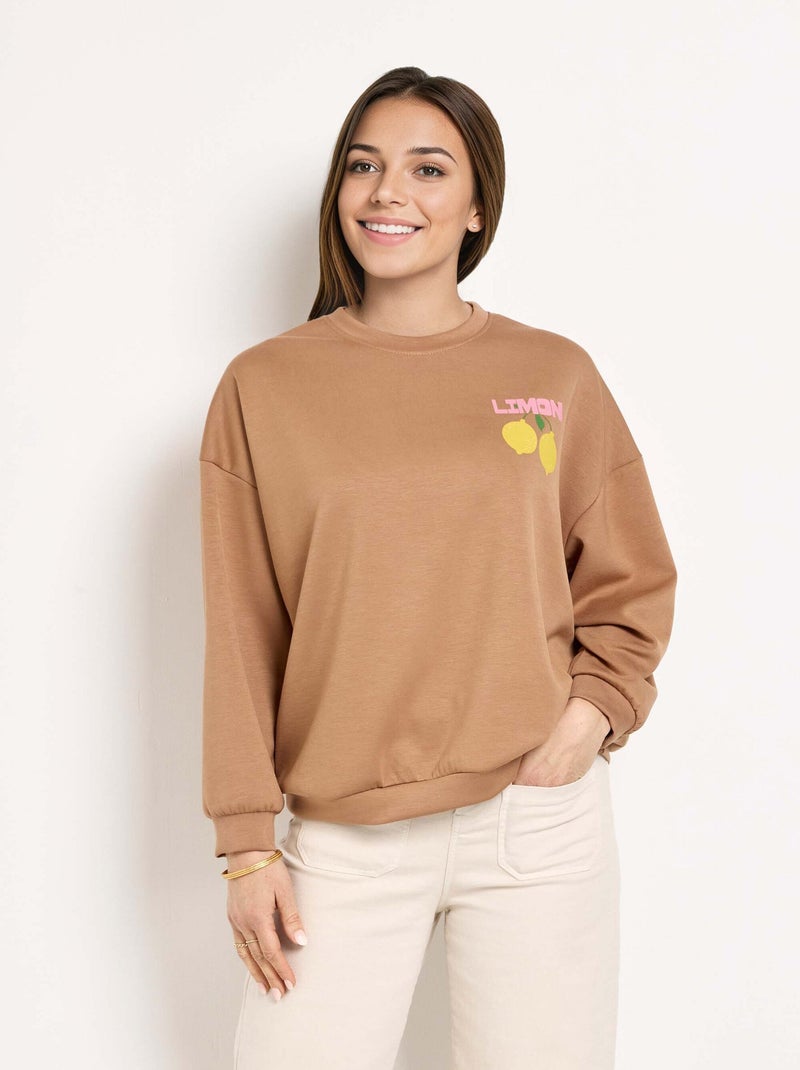 Sweat col rond motif Citrons maille douce Camel - Kiabi