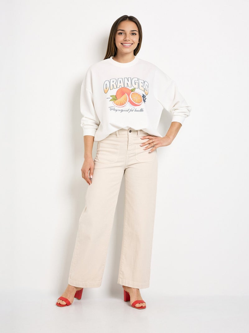 Sweat col rond motif Oranges en maille douce - AFIBEL Blanc - Kiabi
