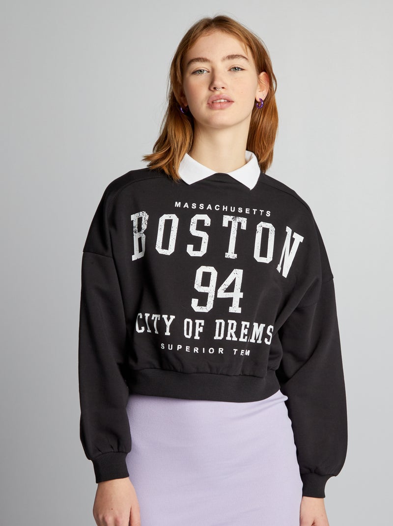 Sweat court avec col chemise Noir - Kiabi
