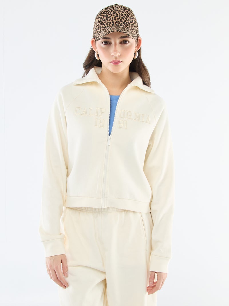 Sweat court zippé à message brodé Beige - Kiabi